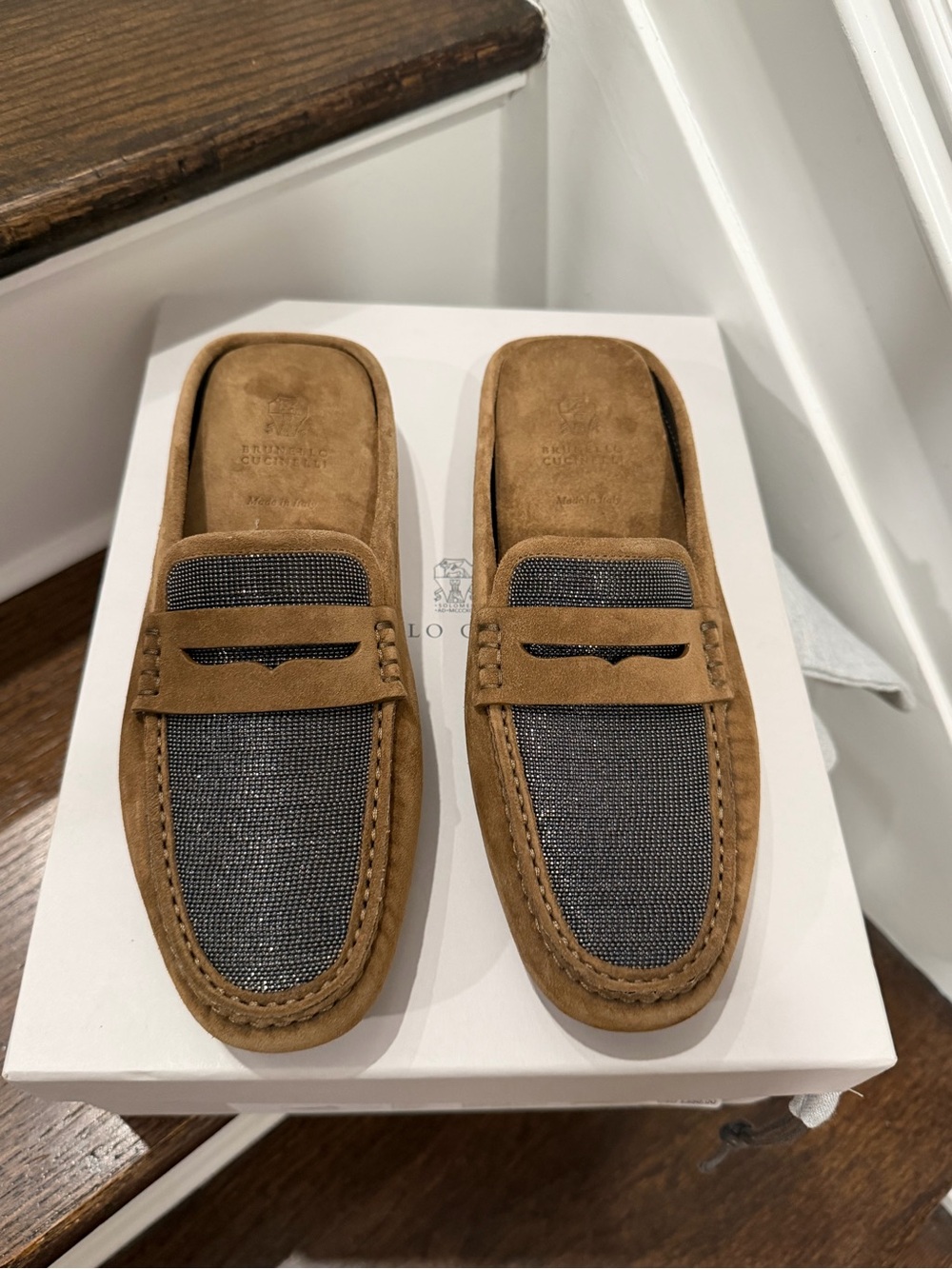 Brunello Cucinelli Tan Suede Penny Loafer Slides